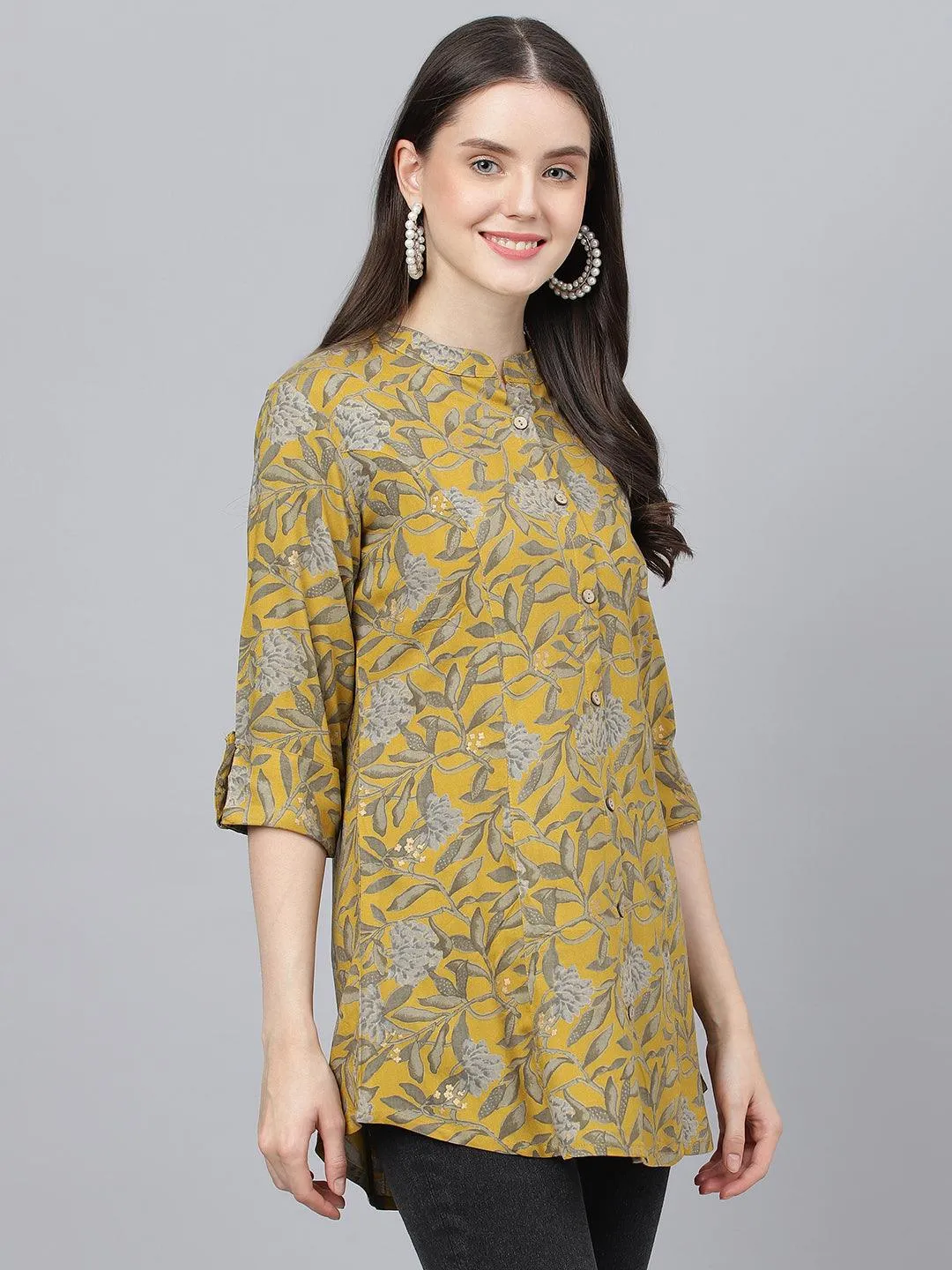 Jashvi Mustard Floral printed Rayon A-line Shirts Style Top