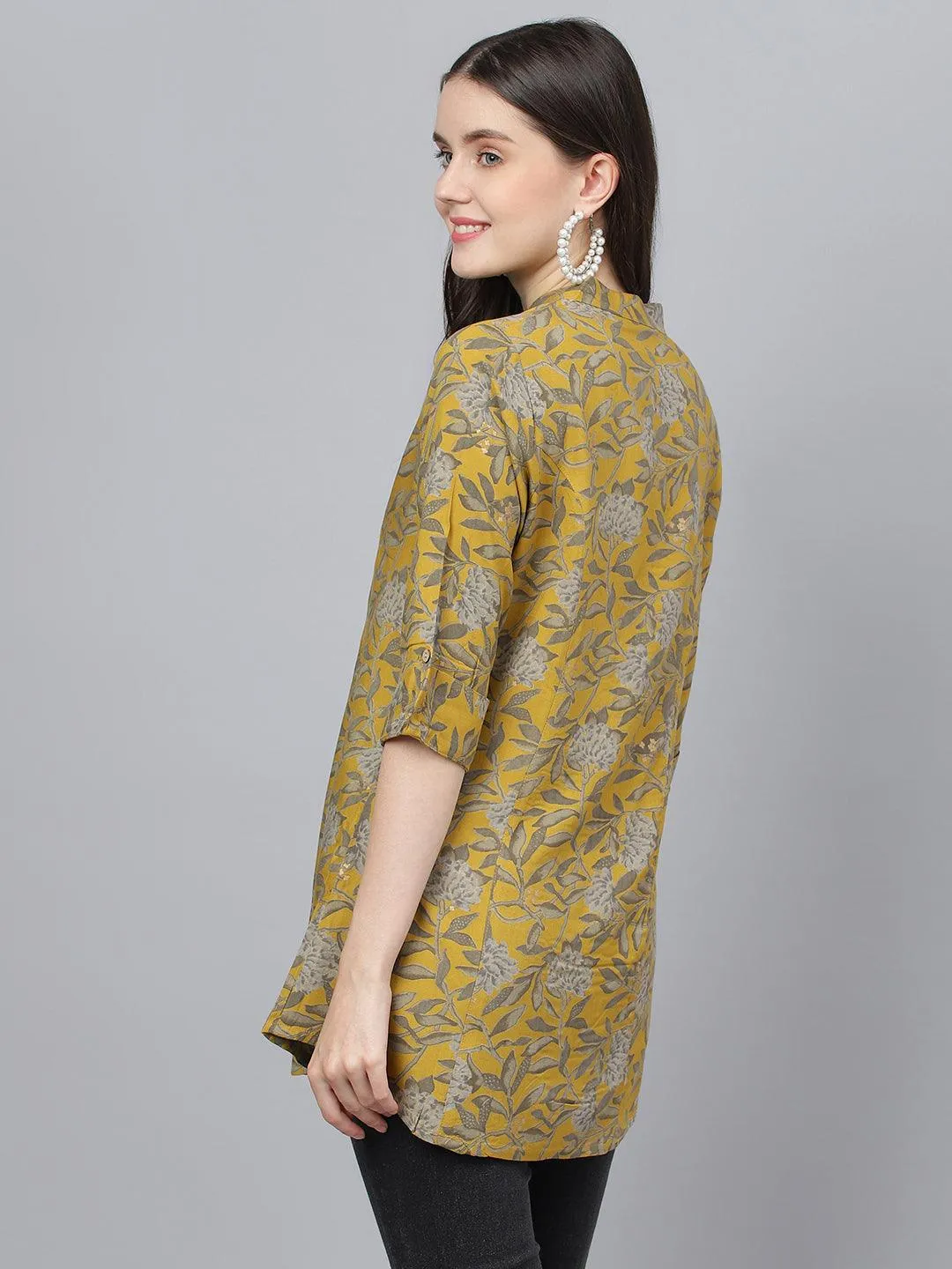 Jashvi Mustard Floral printed Rayon A-line Shirts Style Top