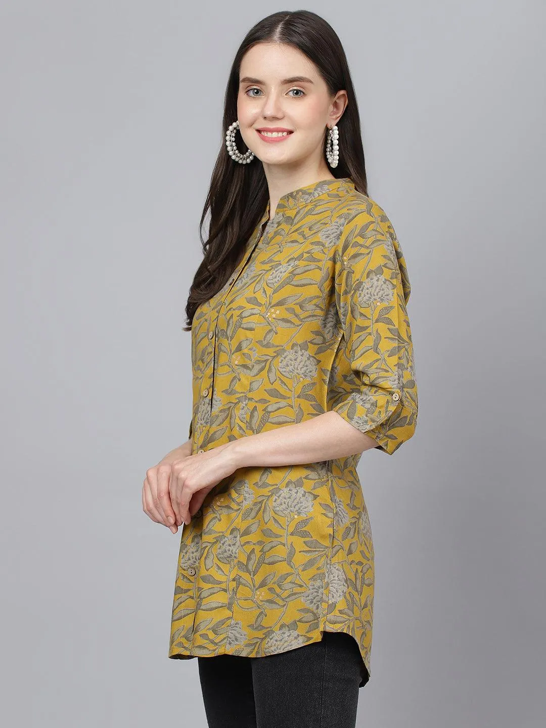 Jashvi Mustard Floral printed Rayon A-line Shirts Style Top