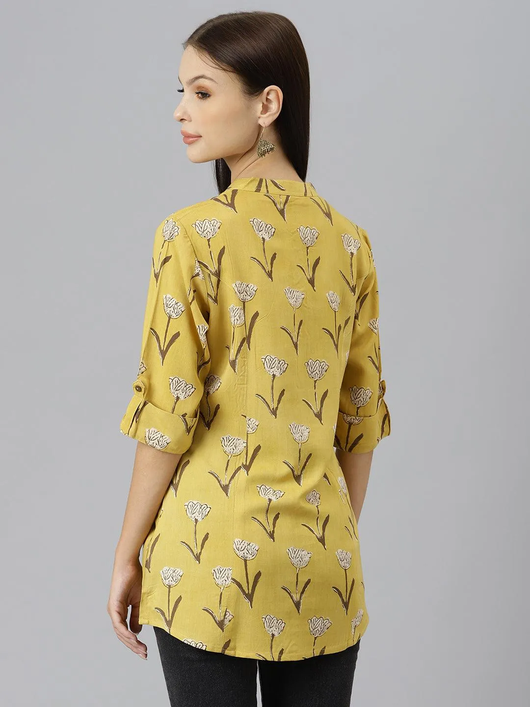 Jashvi Mustard Floral Rayon A-line Shirts Style Top