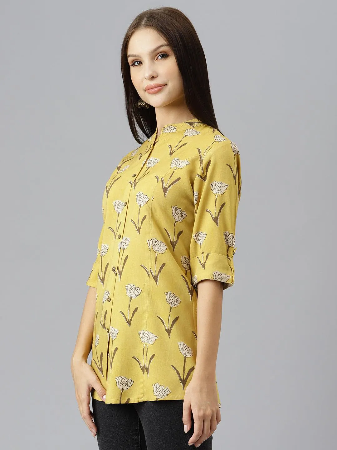 Jashvi Mustard Floral Rayon A-line Shirts Style Top