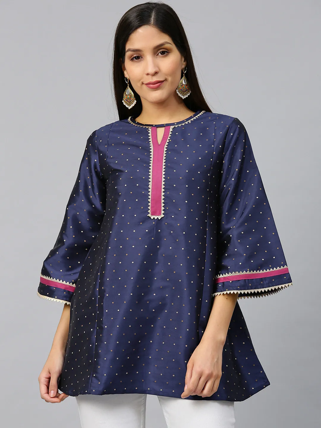 Jashvi Navy Blue & Golden Woven Design Silk A-Line Tunic