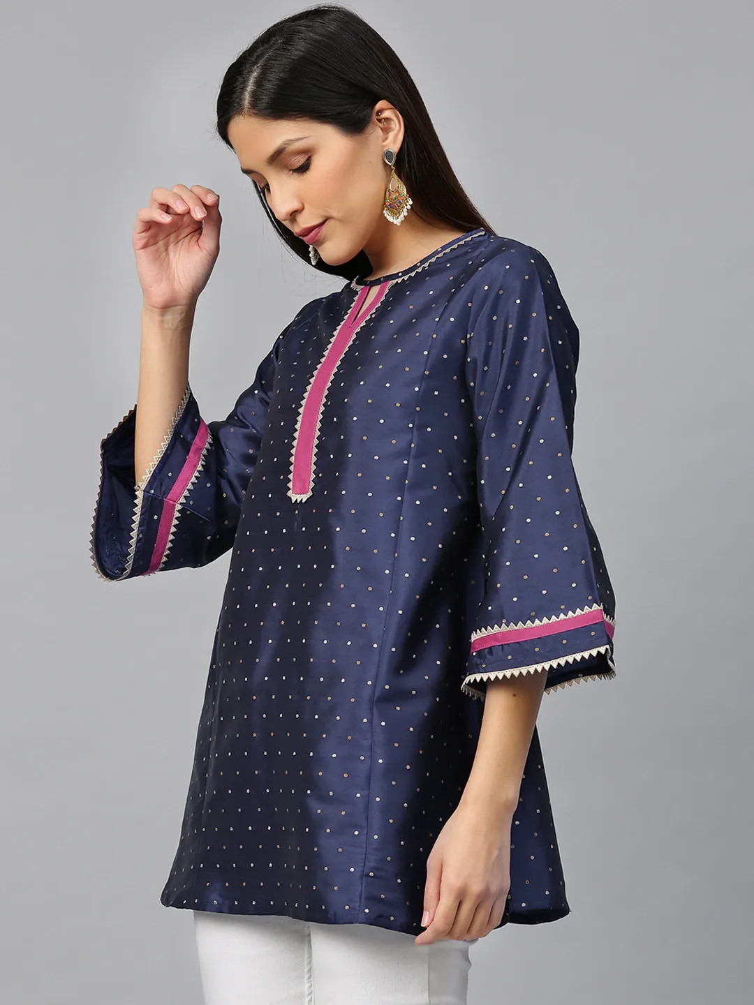 Jashvi Navy Blue & Golden Woven Design Silk A-Line Tunic