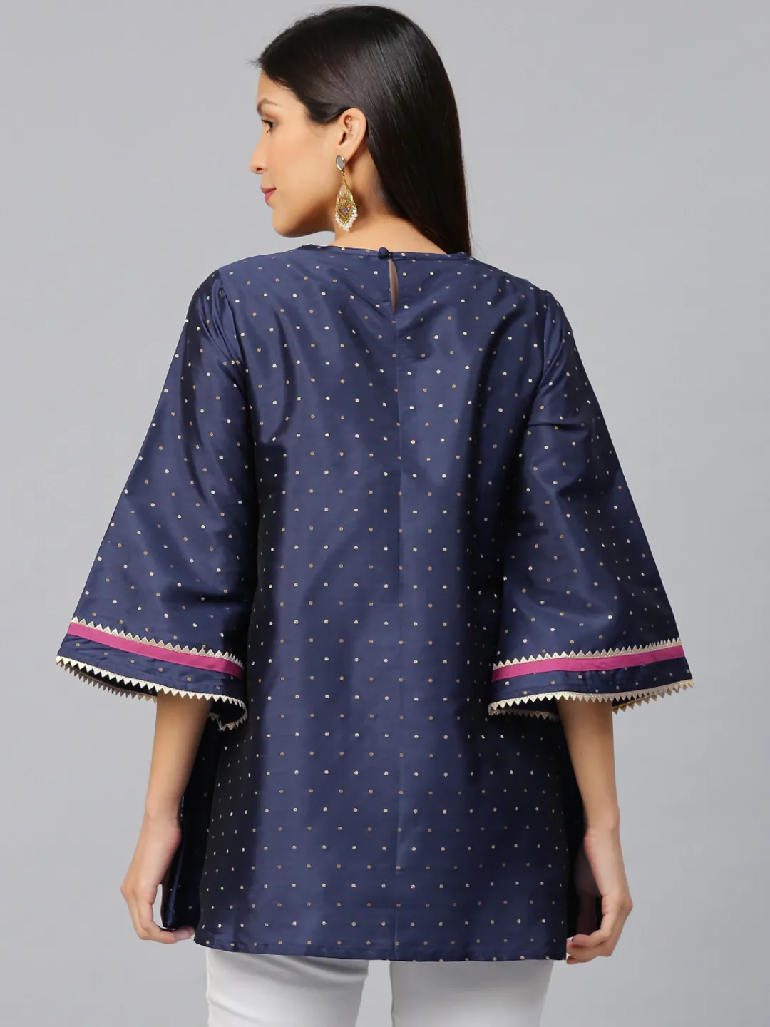 Jashvi Navy Blue & Golden Woven Design Silk A-Line Tunic