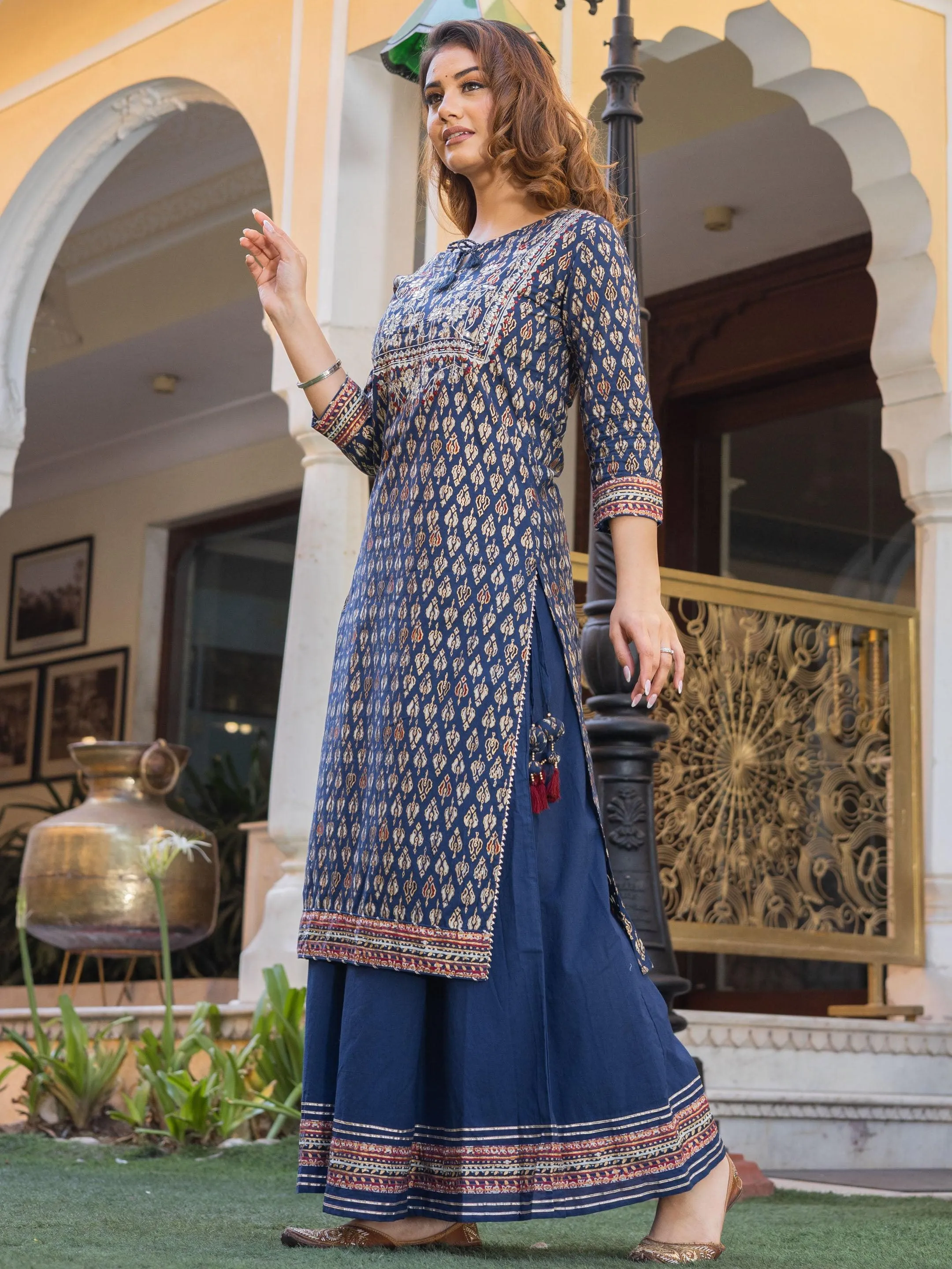 Jashvi Navy Blue Cotton Gota Patti Palazzo Set