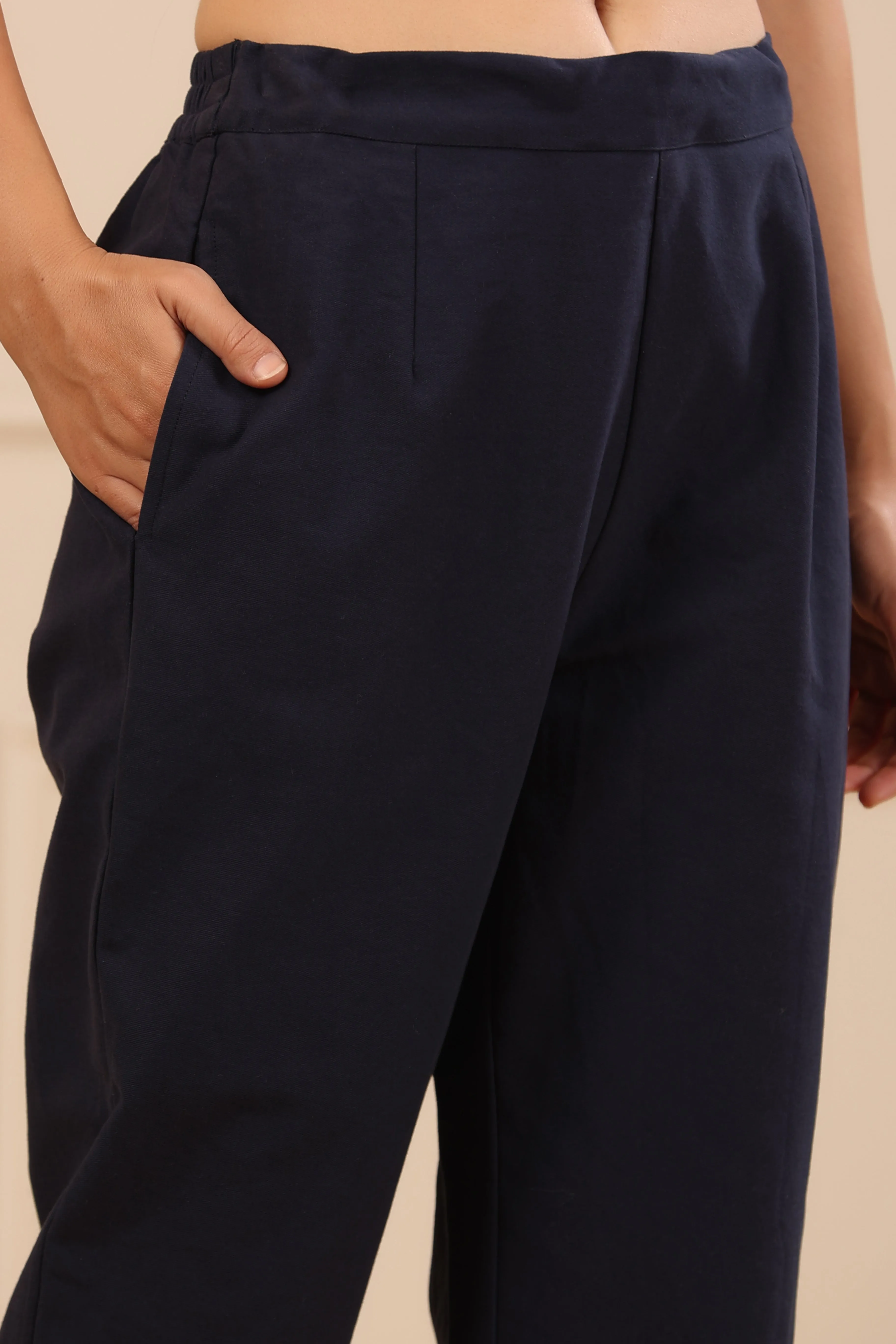 Jashvi Navy Blue Cotton Solid Slim Fit Pants With Partially Elasticated Waistband