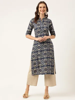 Jashvi Navy Blue Floral Digital Printed Straight Fold Sleeve Kurta