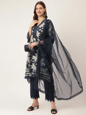 Jashvi Navy Blue Floral Print Cotton Kurta, Trouser With Dupatta