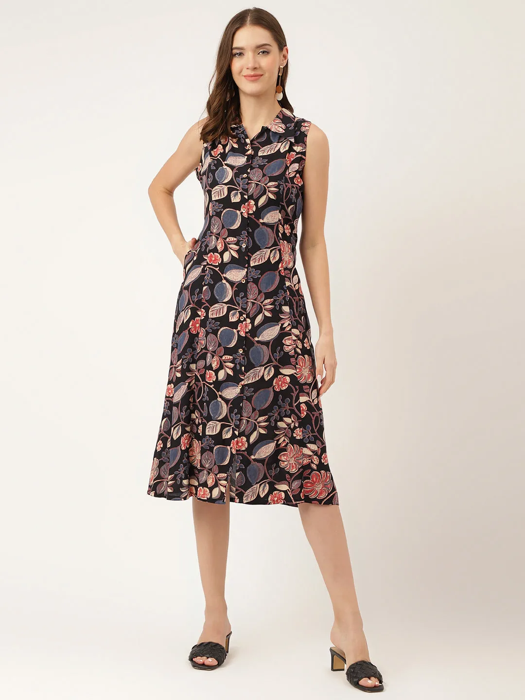 Jashvi Navy Blue Floral Print Rayon A-Line Midi Dress with Attached Sleeves for Women