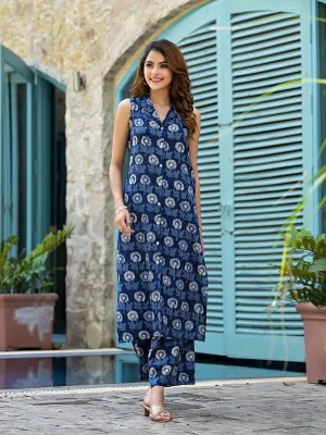 Jashvi Navy Blue Floral Printed  A-Line Rayon Kurta Set