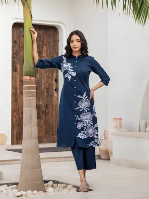 Jashvi Navy Blue Floral Printed Cotton A-line Fit Kurta Pant Set