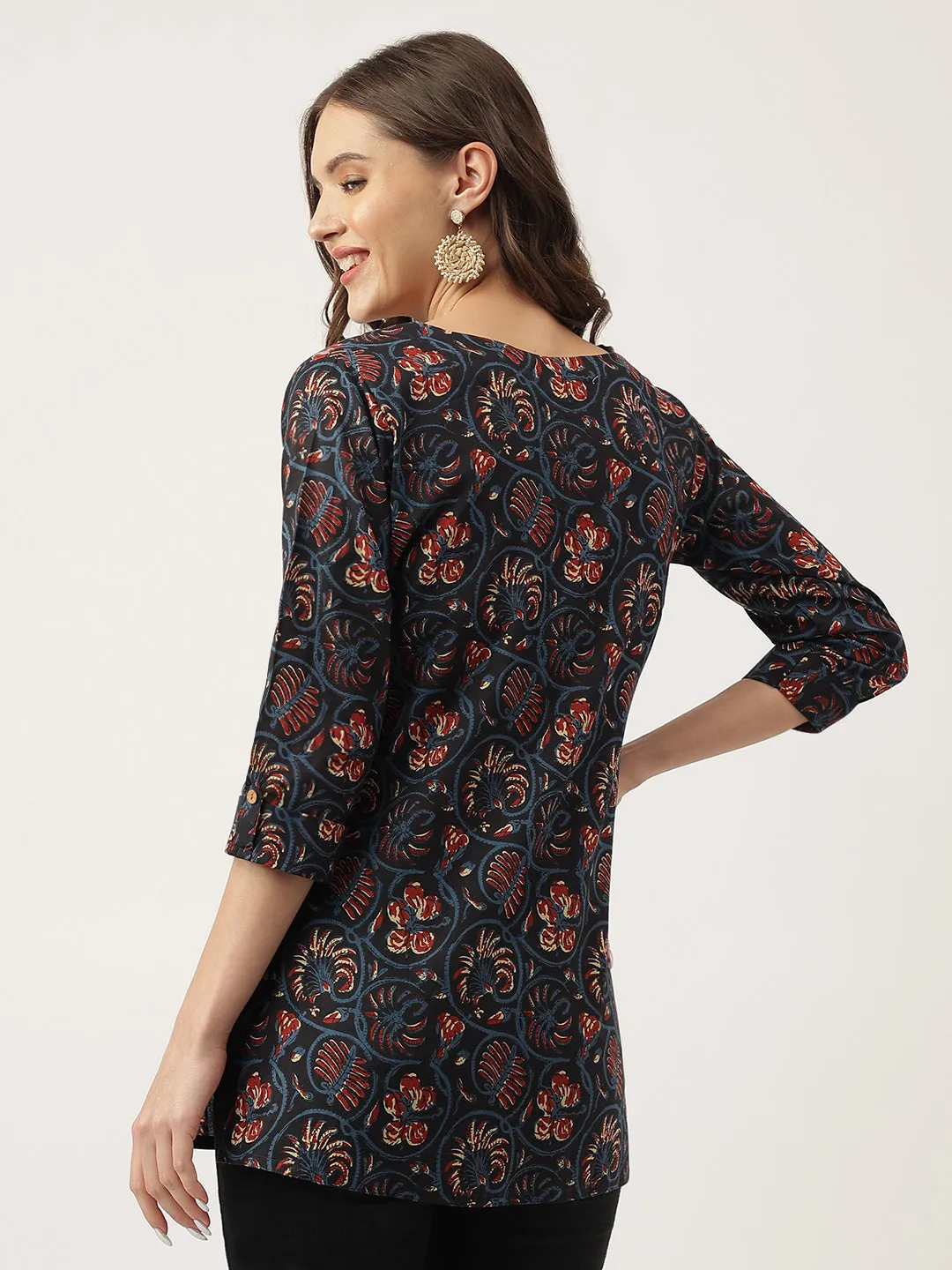 Jashvi Navy Blue Floral Printed Cotton Peplum V-Neck Top