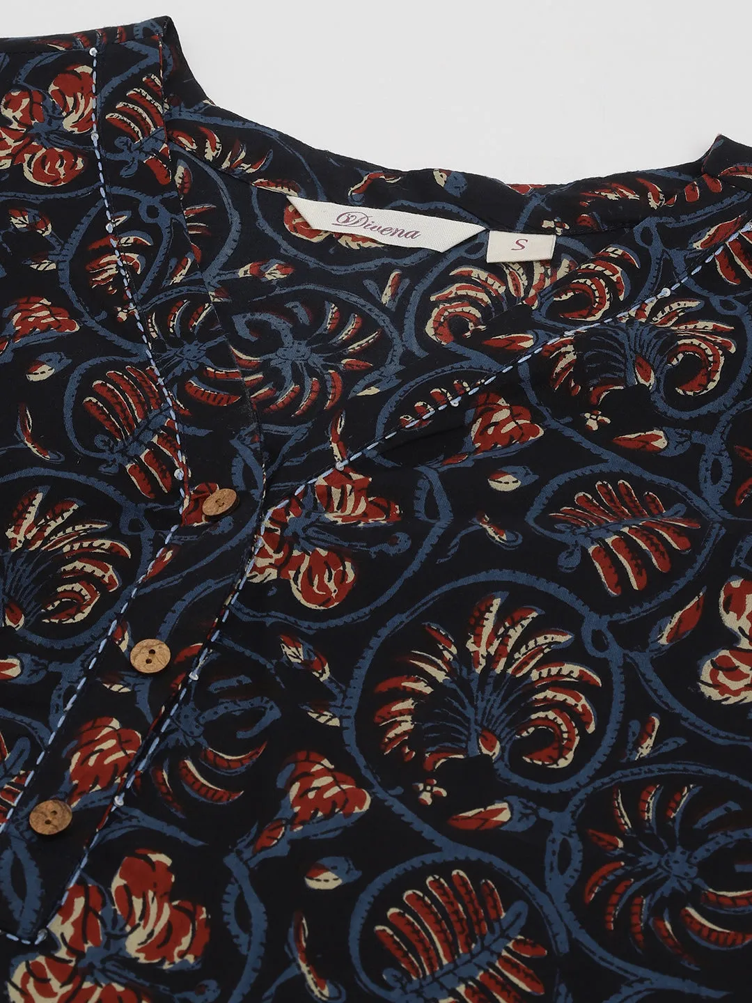 Jashvi Navy Blue Floral Printed Cotton Peplum V-Neck Top