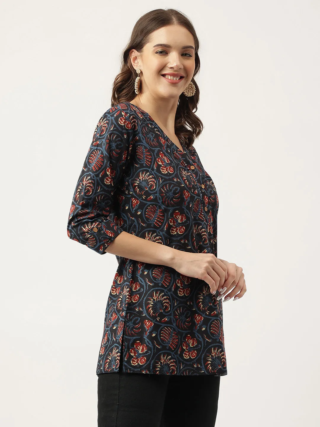 Jashvi Navy Blue Floral Printed Cotton Peplum V-Neck Top