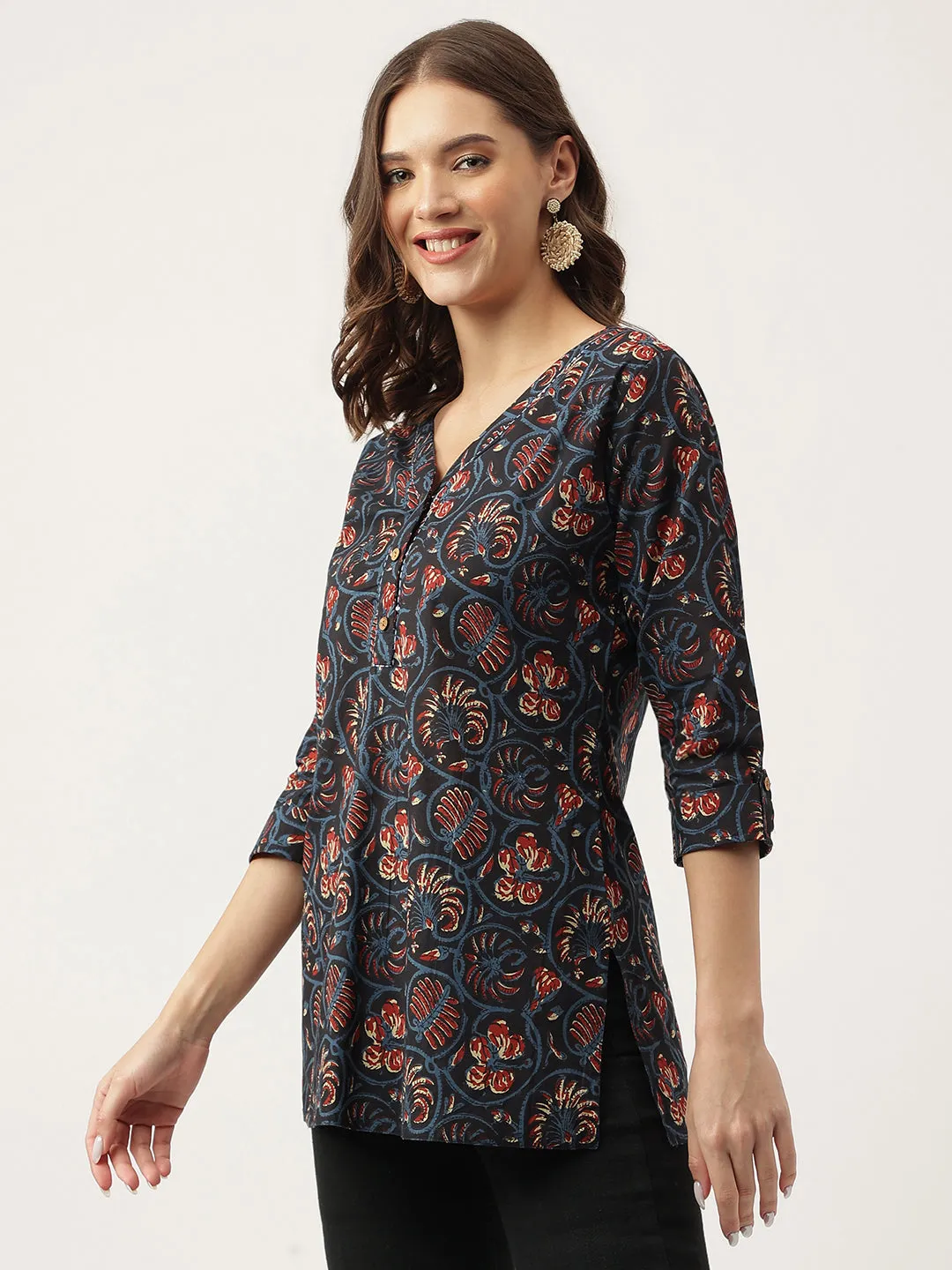 Jashvi Navy Blue Floral Printed Cotton Peplum V-Neck Top