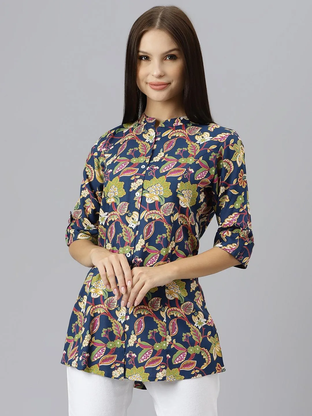 Jashvi Navy Blue Floral Rayon A-line Shirts Style Top