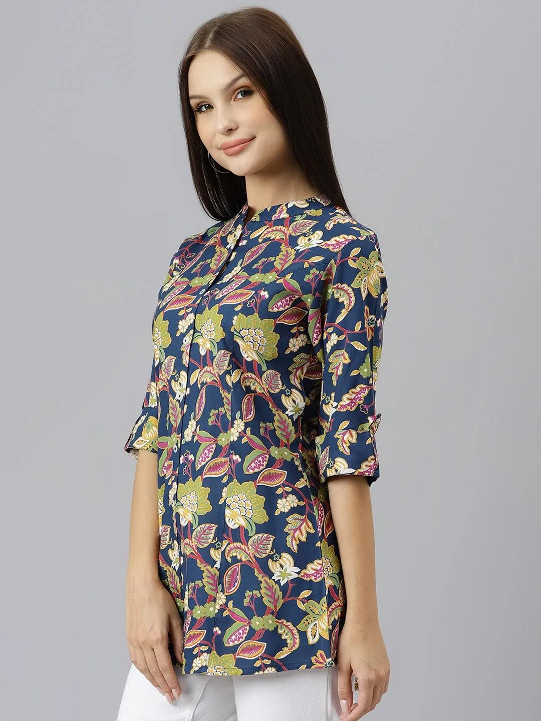 Jashvi Navy Blue Floral Rayon A-line Shirts Style Top