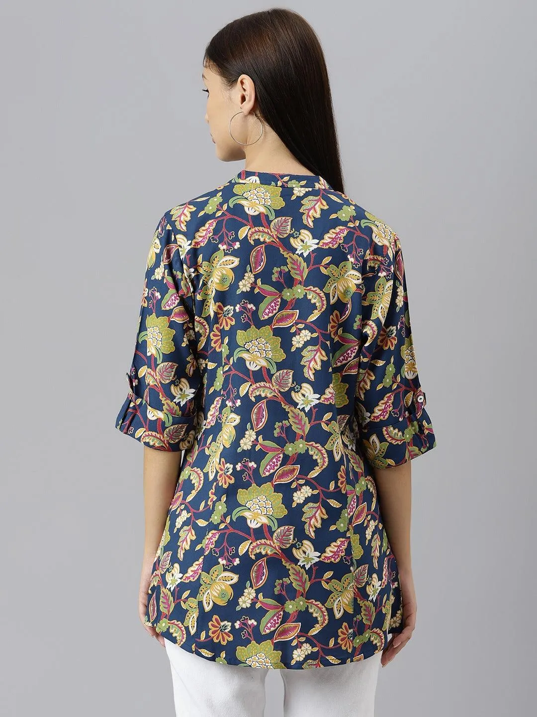 Jashvi Navy Blue Floral Rayon A-line Shirts Style Top