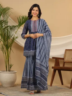 Jashvi  Navy Blue Geometric Printed Georgette Gota Kurta Sharara & Dupatta Set With beads & Sequins