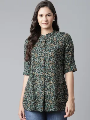 Jashvi Navy Blue Green Rayon Printed Top