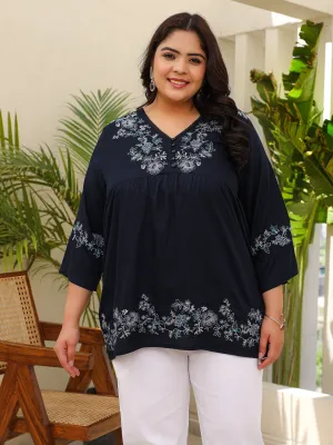 Jashvi Navy Blue Modal Rayon Floral Embroidered Alia Cut Plus Size Tunic