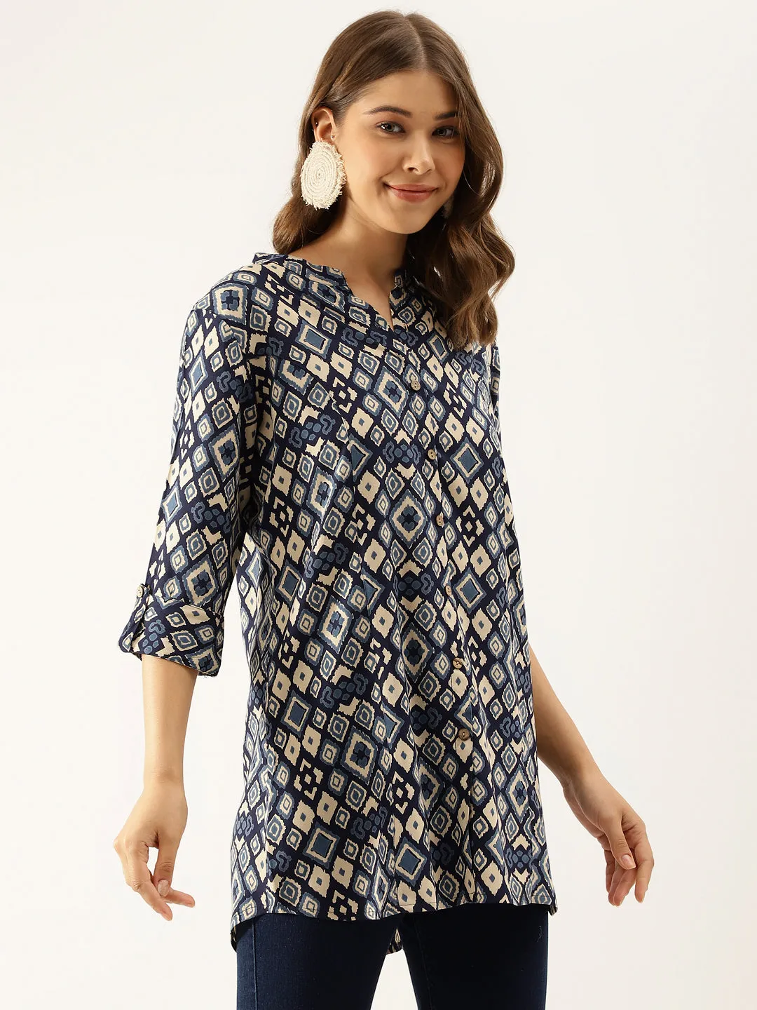 Jashvi Navy Blue Printed Rayon Regular Fit Top