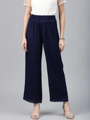 Jashvi Navy Blue Solid Rayon Wide Leg Women Palazzo With One Pocket