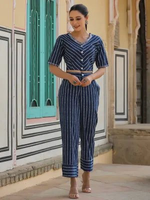 Jashvi Navy blue Striped Printed cotton flex Crop Top & Pants Set With Thread Work