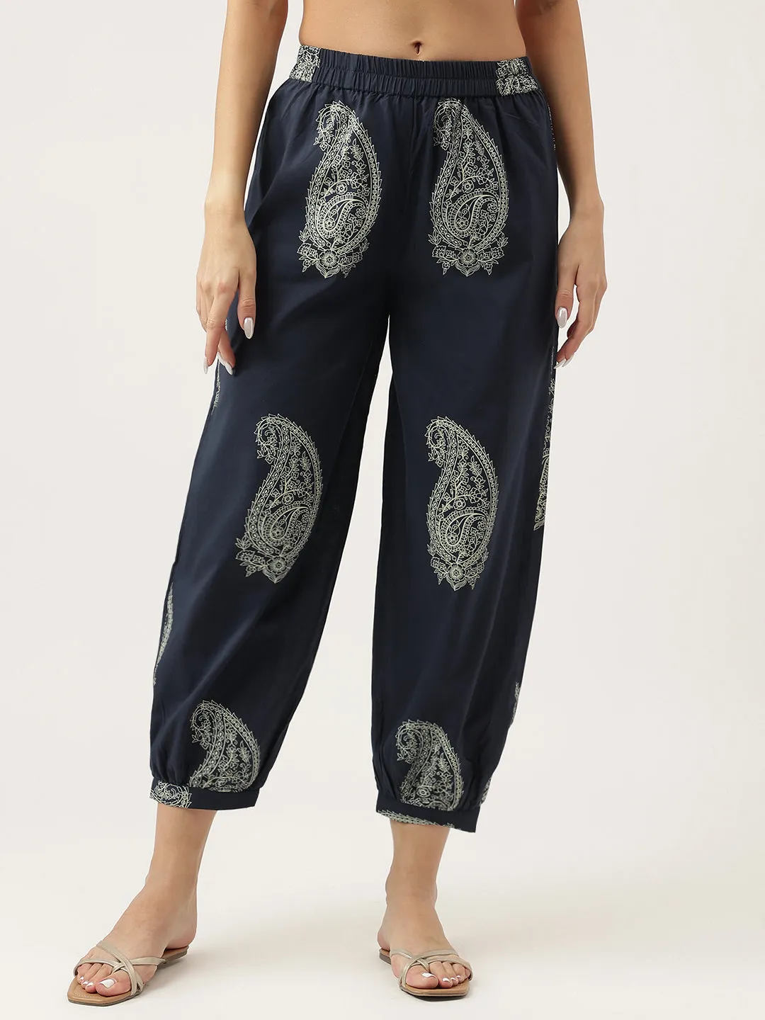 Jashvi Navy Cotton Paisley Print Kurta Hem Cuffed Pant set