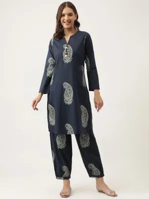 Jashvi Navy Cotton Paisley Print Kurta Hem Cuffed Pant set