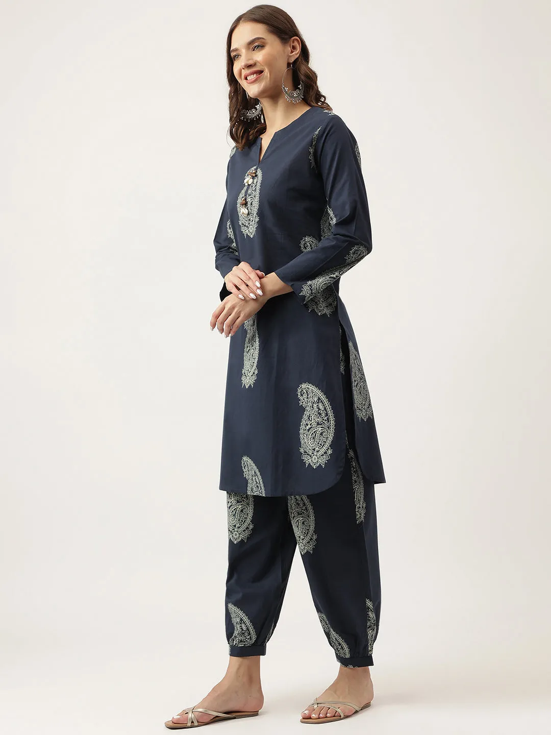 Jashvi Navy Cotton Paisley Print Kurta Hem Cuffed Pant set