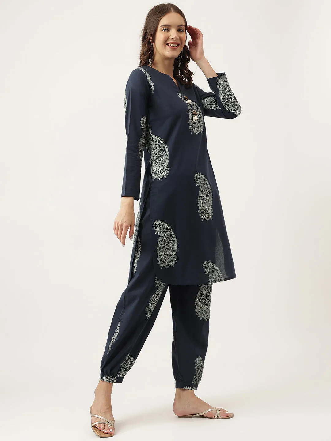 Jashvi Navy Cotton Paisley Print Kurta Hem Cuffed Pant set