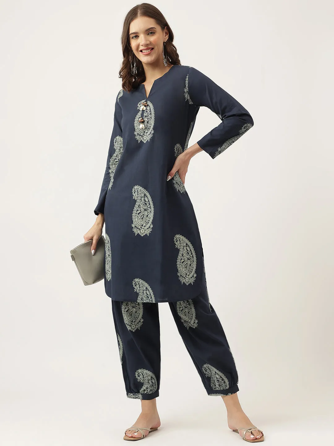 Jashvi Navy Cotton Paisley Print Kurta Hem Cuffed Pant set