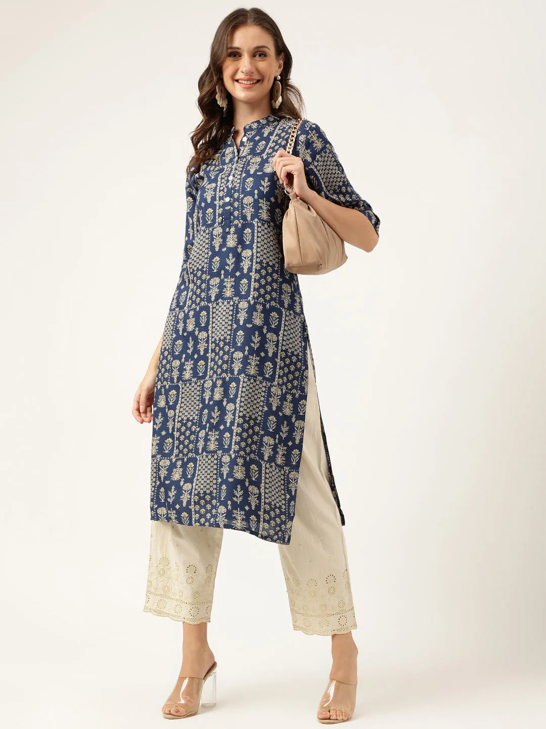 Jashvi Navy Floral Digital Printed Straight Fold Sleeve Kurta