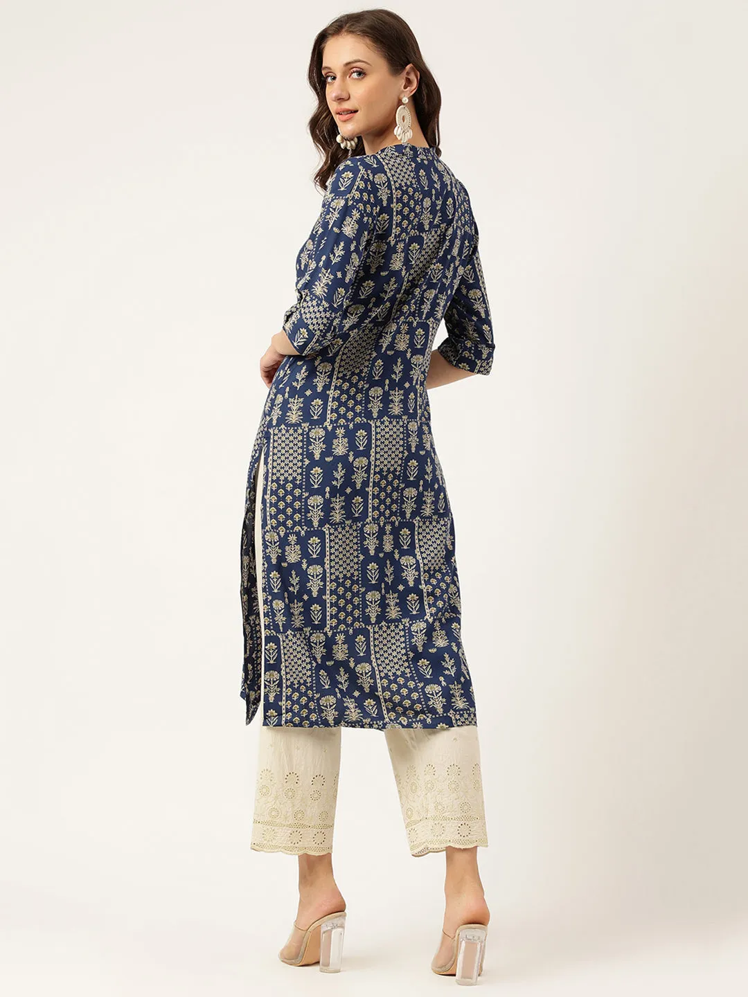 Jashvi Navy Floral Digital Printed Straight Fold Sleeve Kurta