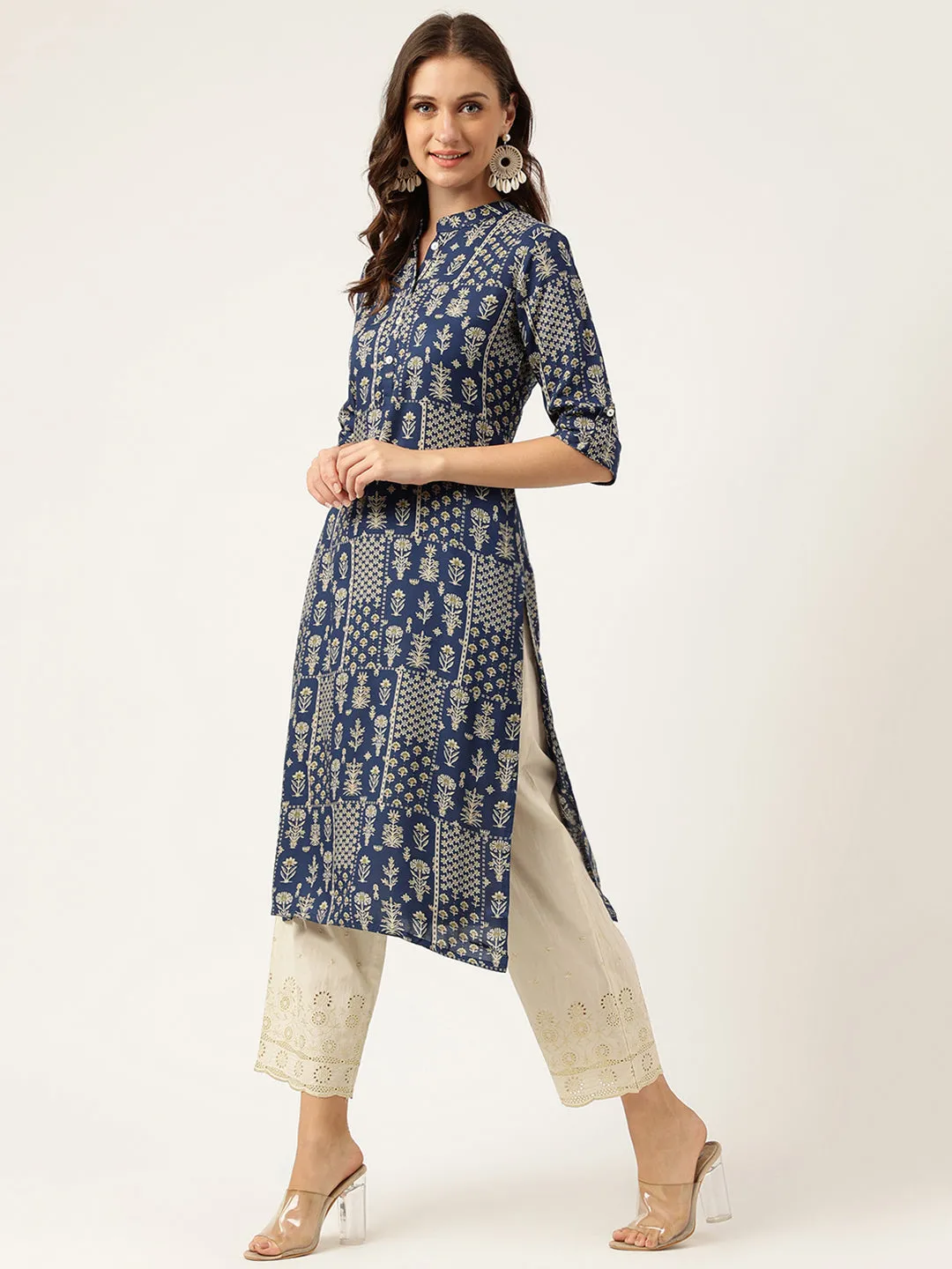 Jashvi Navy Floral Digital Printed Straight Fold Sleeve Kurta