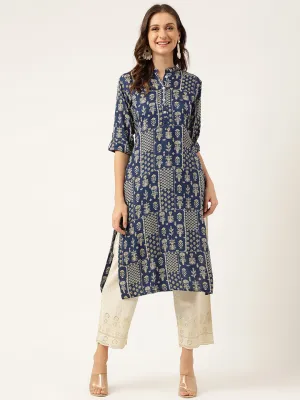 Jashvi Navy Floral Digital Printed Straight Fold Sleeve Kurta