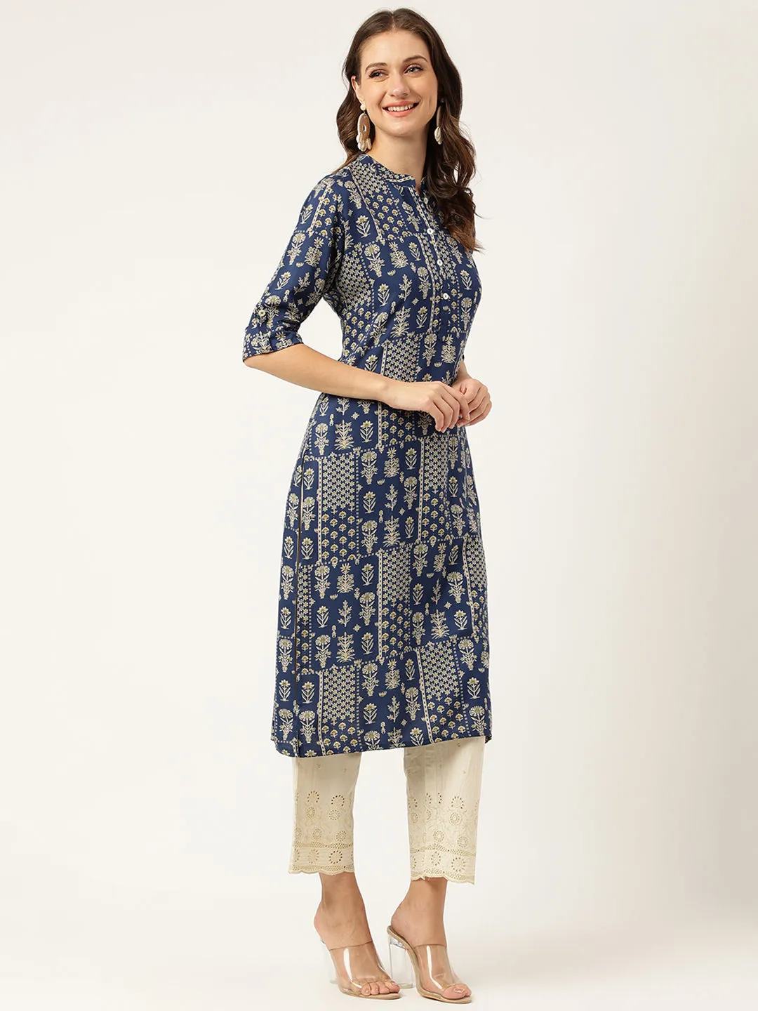 Jashvi Navy Floral Digital Printed Straight Fold Sleeve Kurta