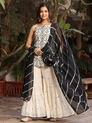 Jashvi Off-White & Black Pure Cotton Embroidered Short Kurta Sharara & Dupatta Set