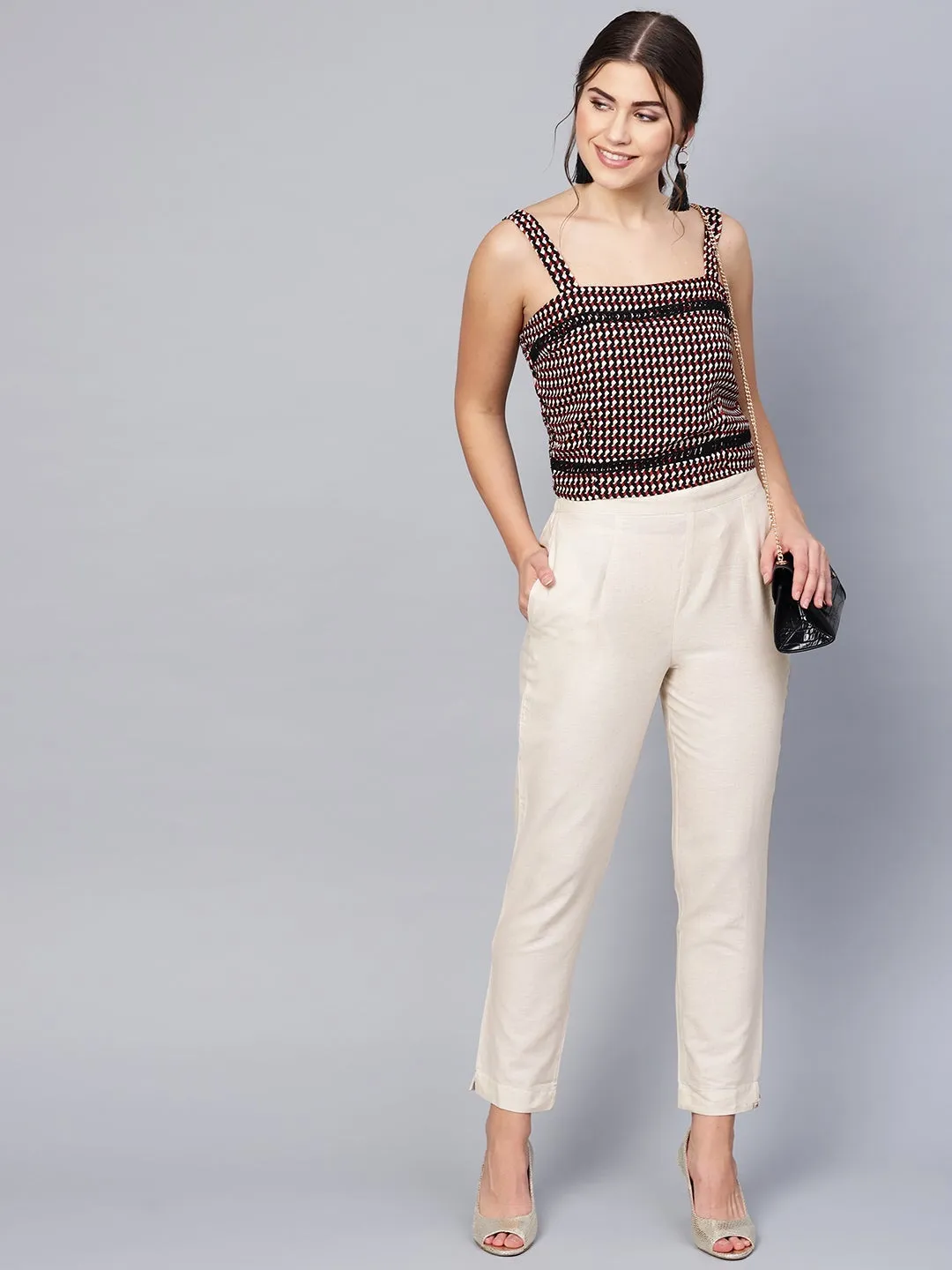 Jashvi Off-White Solid Cotton Flex Slim Fit Women Pants With Two Pockets