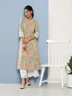 Jashvi Olive Floral Cotton Flex A-Line Kurta