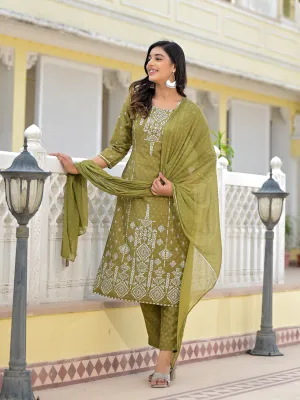 Jashvi Olive Green Ethnic Motif Printed Viscose Kurta, Pant And Dupatta Set With Gota Patti Work