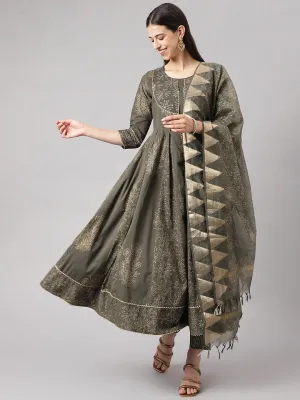 Jashvi Olive Green Hand Block Cotton Kurta Pant Set with Dupatta