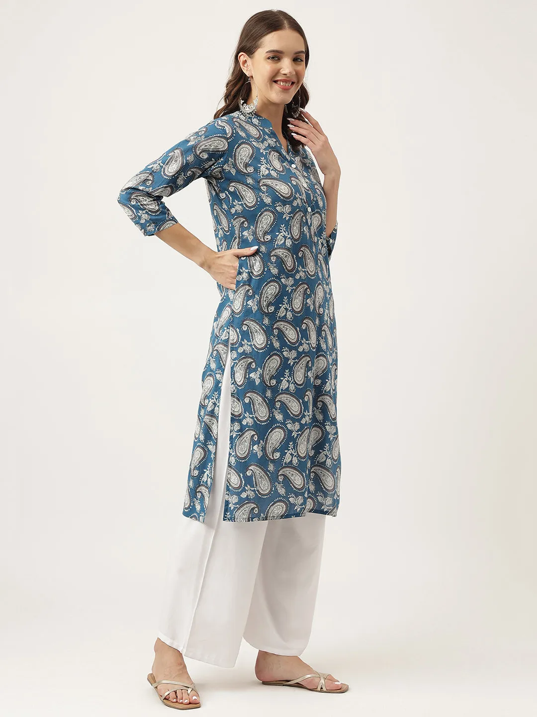 Jashvi Paisley Print Straight Fit Cotton Kurta