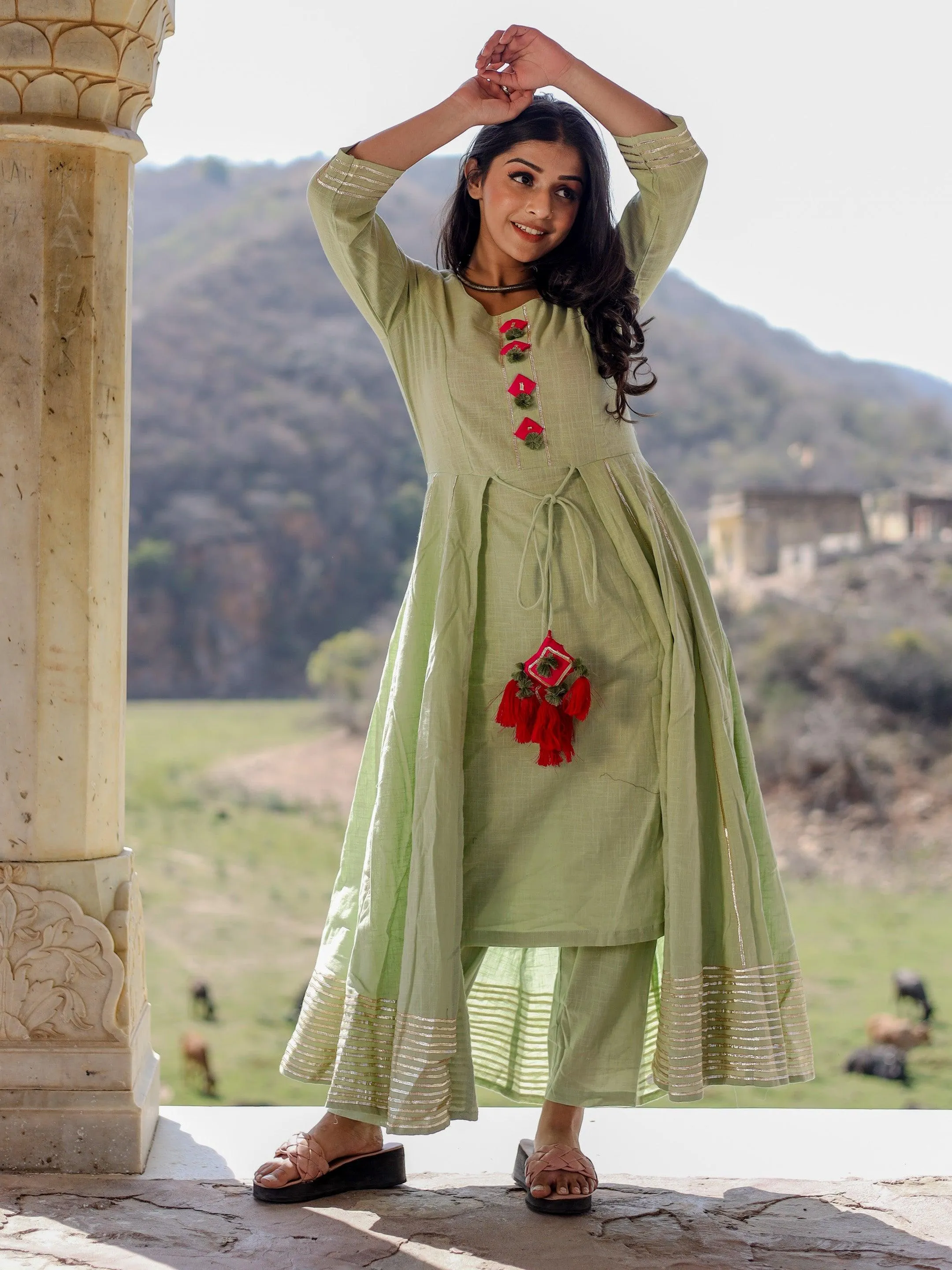 Jashvi Pastel Green Flaired Cotton kurta with pants