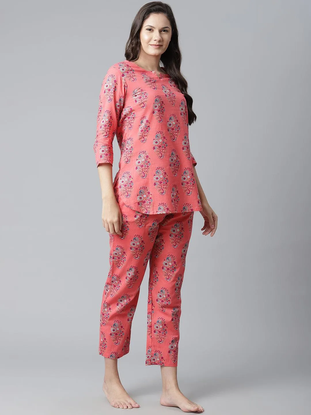 Jashvi  Peach Cotton Printed Nightsuit