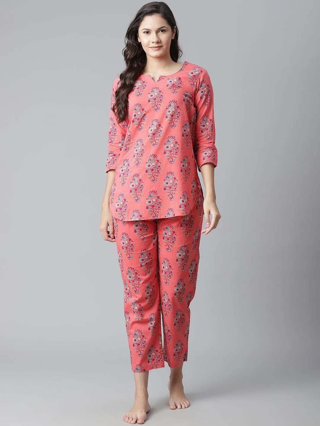 Jashvi  Peach Cotton Printed Nightsuit