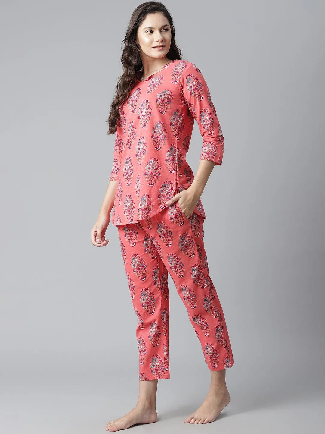 Jashvi  Peach Cotton Printed Nightsuit