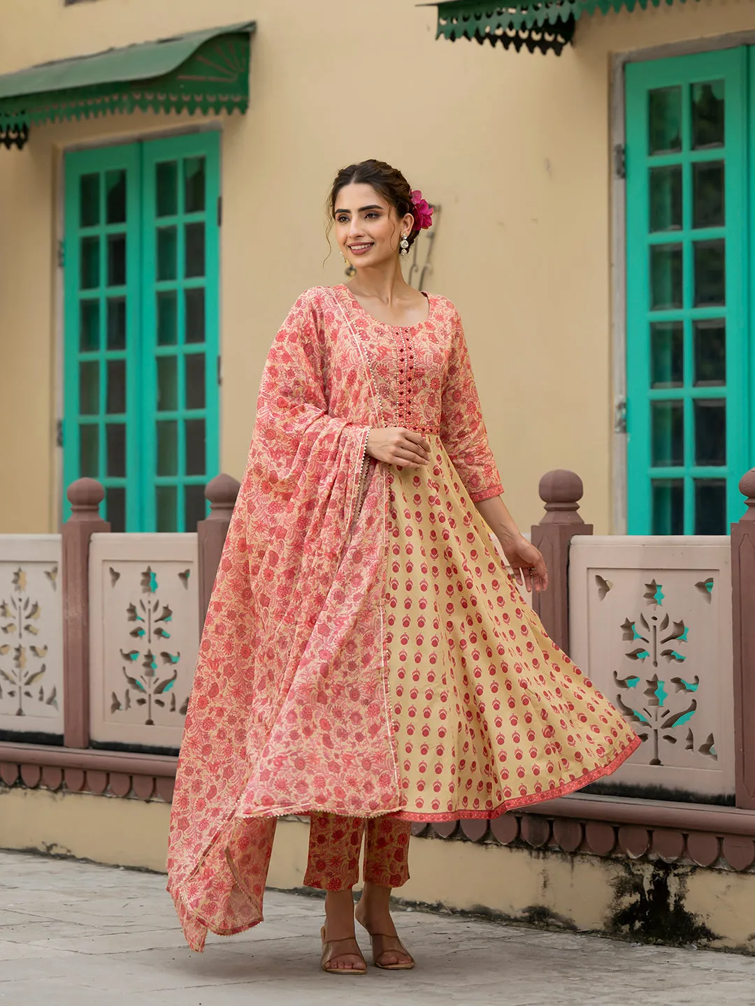 Jashvi Peach Floral Print Pure Cotton Anarkali Kurta & Trouser with Dupatta