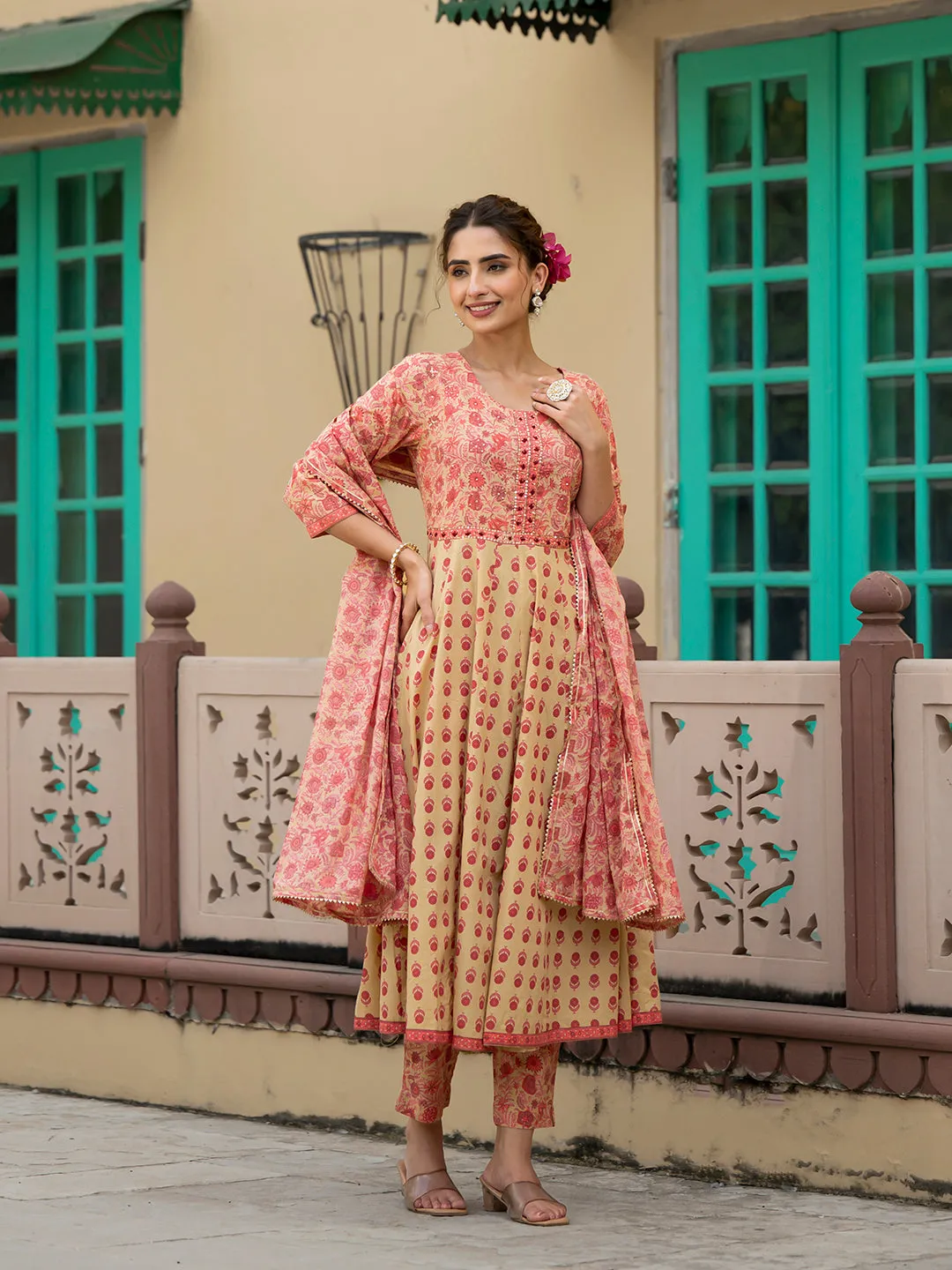 Jashvi Peach Floral Print Pure Cotton Anarkali Kurta & Trouser with Dupatta